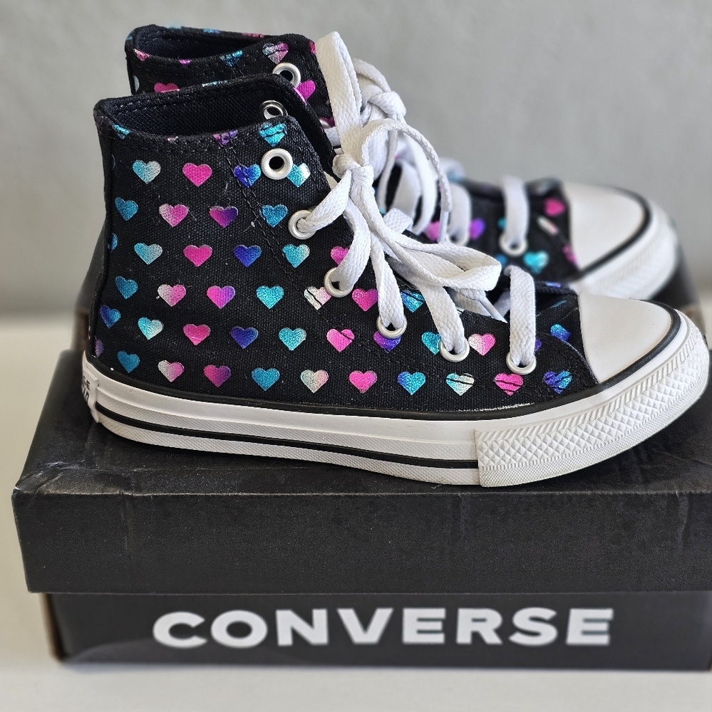 Converse Kids Black High-Top Sneakers with Iridescent Heart Print
